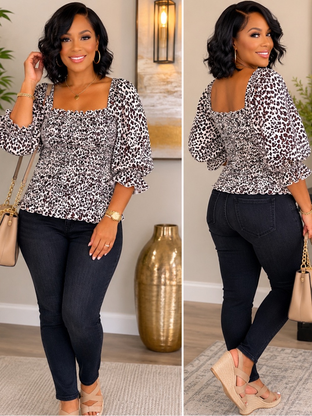 Hem & Thread White and Black Leopard Smocked Square-Neck Top Size M